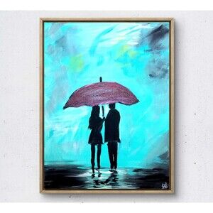 WS original blue rain painting 14X11 canvas acrylic abstract modern wall art